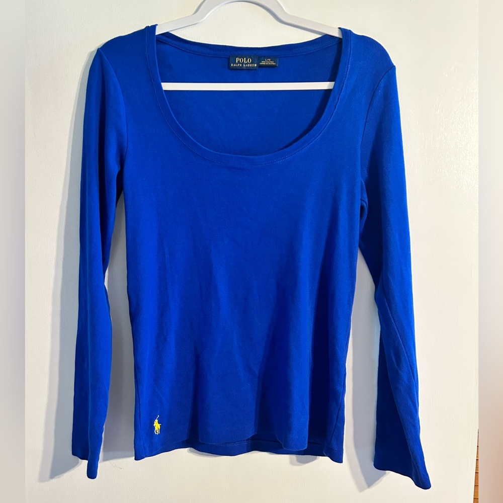 Polo Ralph Lauren Royal Blue Long Sleeve Scoop Neck Top Women Large 100% Cotton